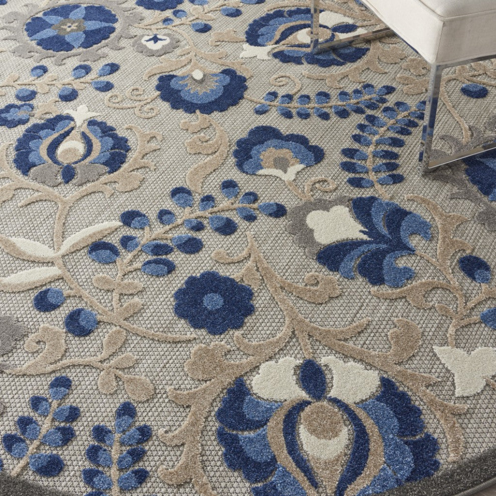 8 Round Natural and Blue Indoor Outdoor Area Rug