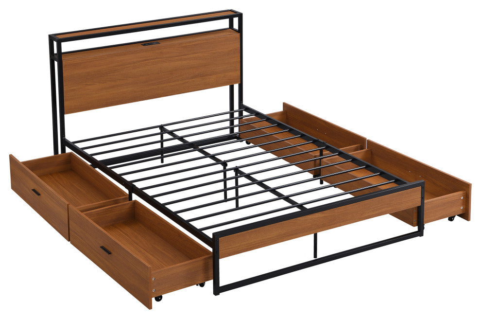 Full/Queen Metal Frame Wood Platform Bed with Four Drawers, Sockets and USB Port