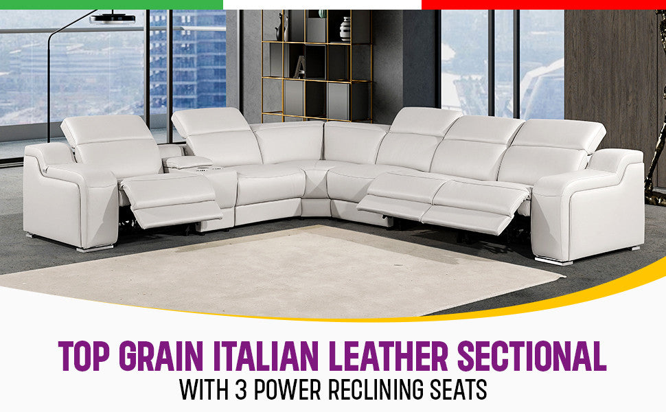 Marco-7-Piece, 3-Power Reclining Italian Leather Sectional, White