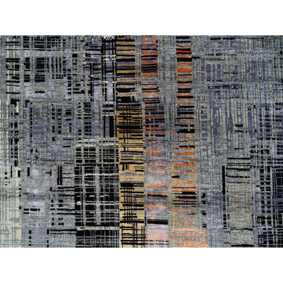 Black and Gray Ghazni Wool and Silk Modern Design Hand Knotted Rug, 8'0"x10'0"