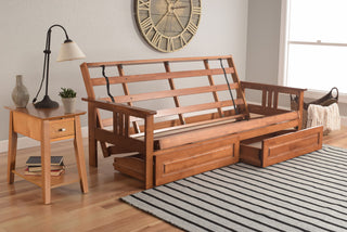 Caleb Frame Futon With Barbados Finish, Storage Drawers, Oregon Trail Saddle