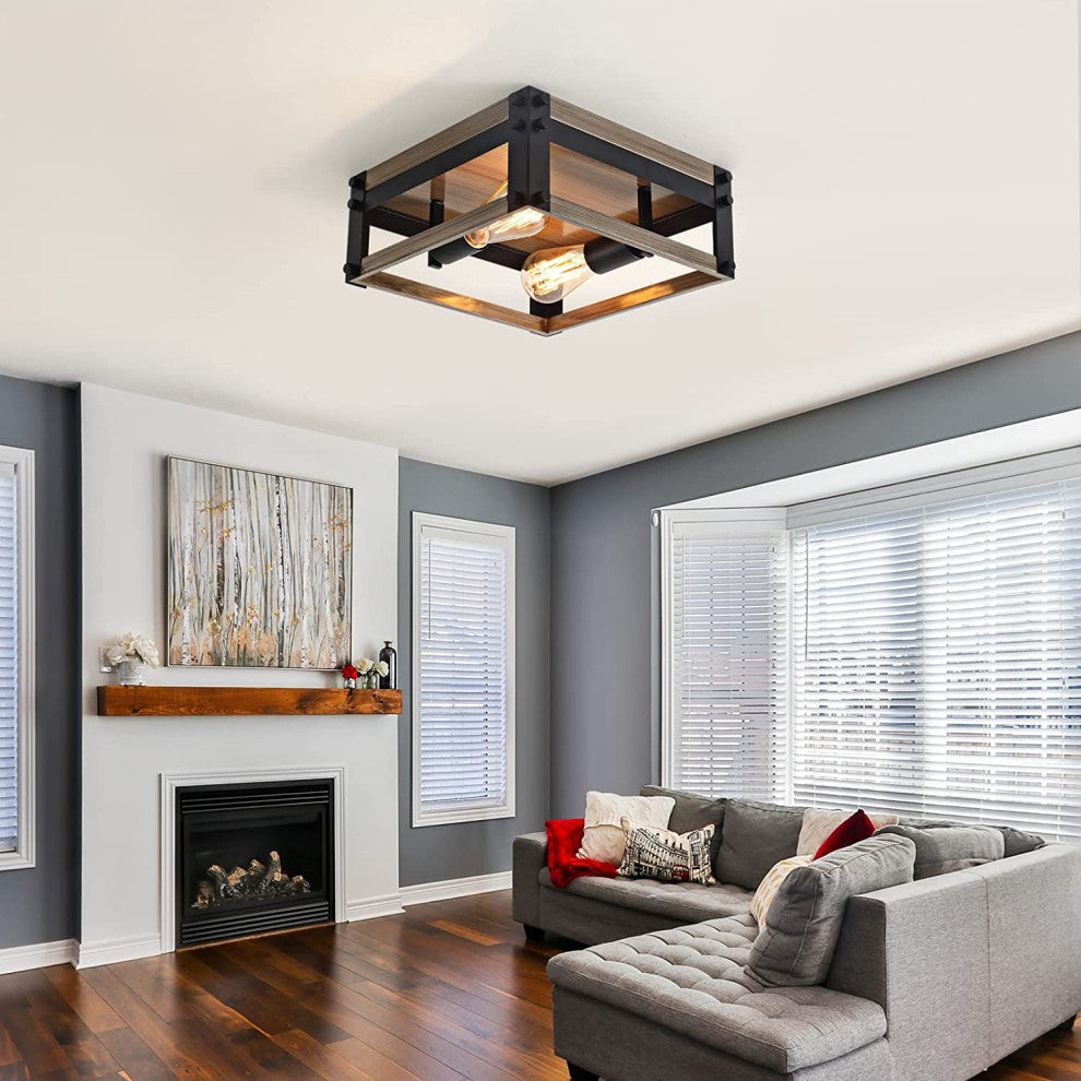 2 Light Flush Mount Ceiling Light Fixture Farmhouse Rust Black and Wood Ceiling