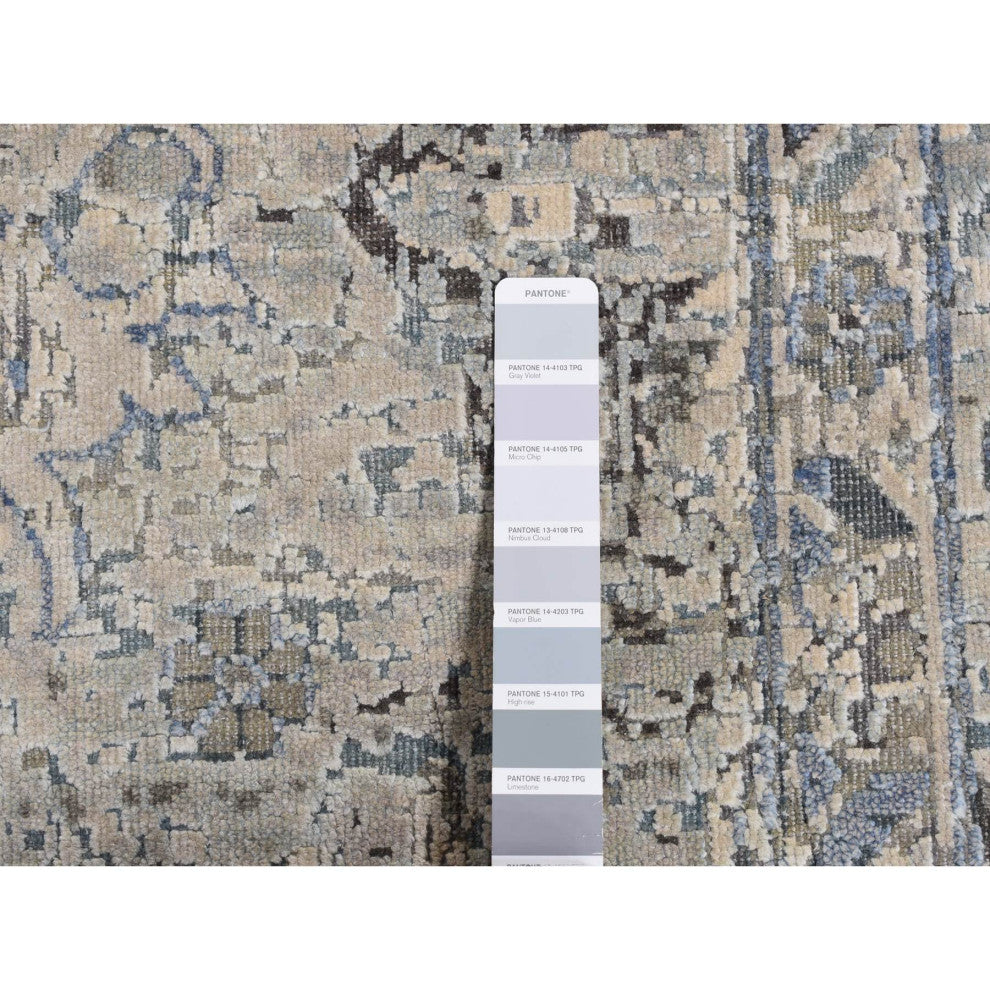 Blue, Hand Knotted, Oushak Design, Pure Silk With Wool Square Rug, 10'2"x10'2"