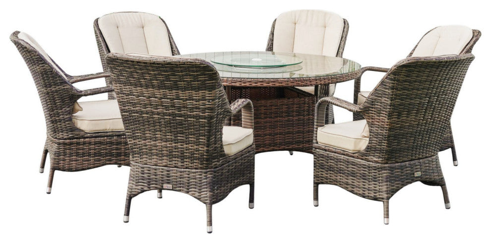 6-Seat Brown Wicker Round Outdoor Dining Set with Beige Cushions