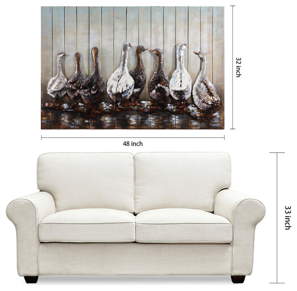 "Ducks" Handed Painted Iron Wall Sculpture on Wooden Wall Art