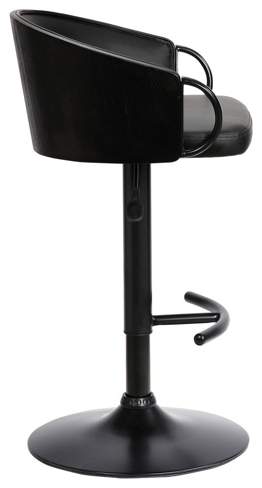 Montego Adjustable Black Faux Leather Swivel Barstool in Black Powder Coated Fin
