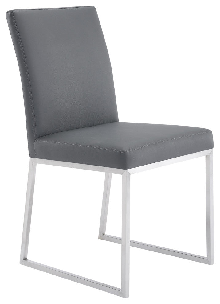 Mira Dining Chair, Gray Faux Leather, Set of 2, Brushed Stainless Steel
