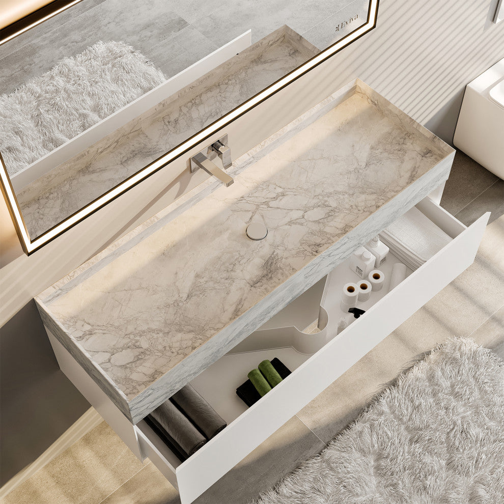Eviva Fritti 36" White Wall Mount Bathroom Vanity With Marble Basin