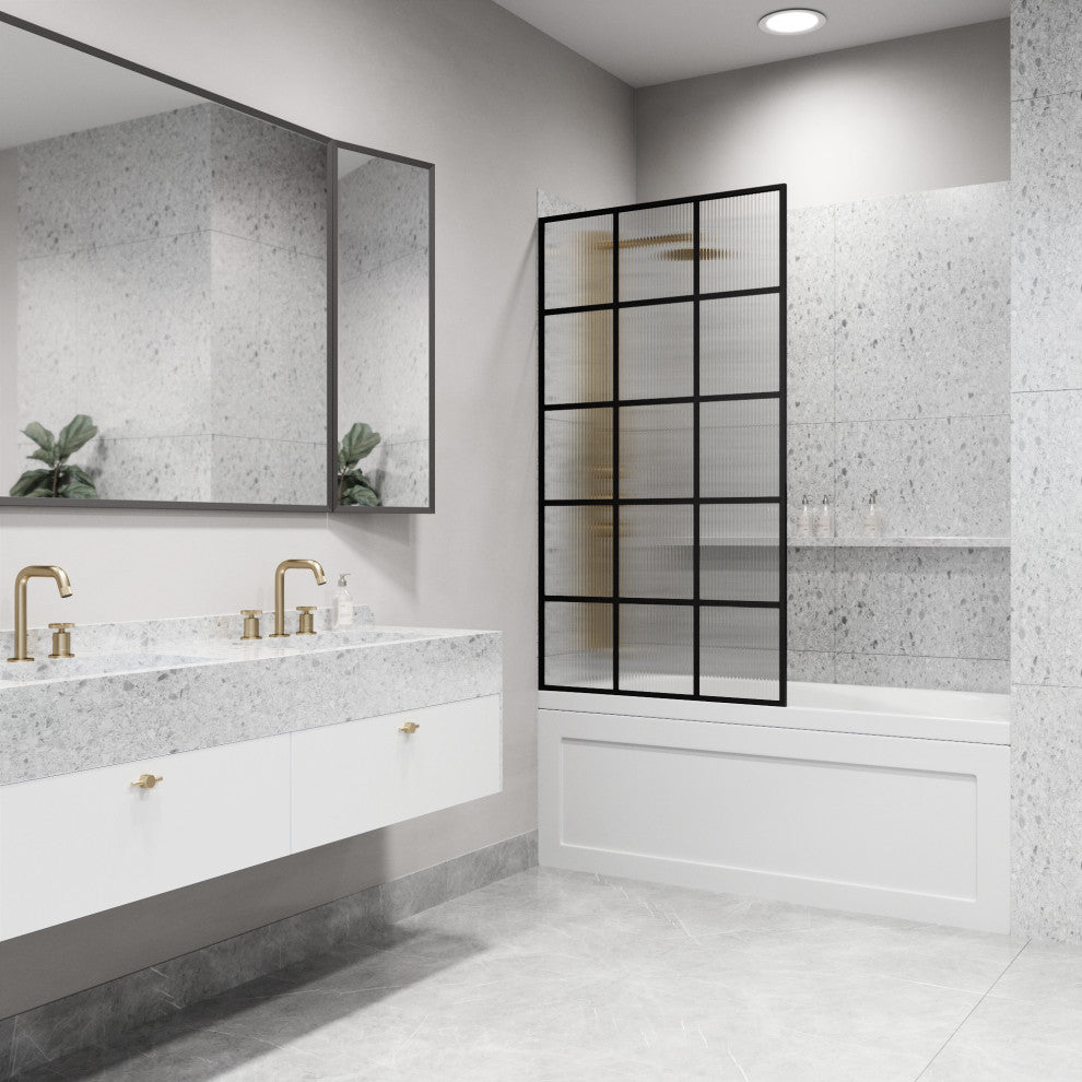 VIGO Mosaic Framed Fixed, Matte Black, Tub Screen, 34" W X 62" H, Fluted Glass