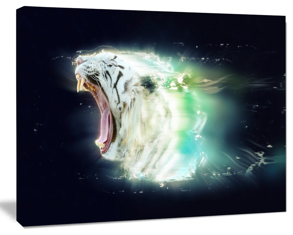 White Tiger with Open Jaws, Animal Canvas Wall Art, 20"x12"