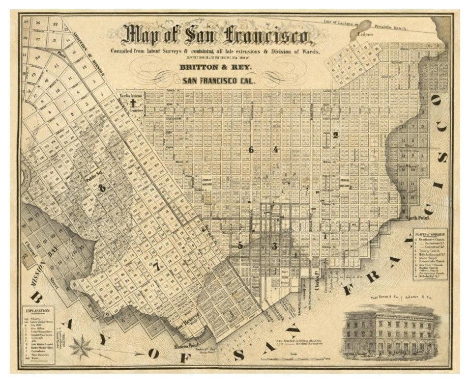 "Map of San Francisco, 1852" Digital Paper Print by Britton and Rey, 24"x20"