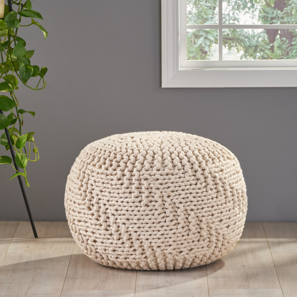 GDF Studio Haley Indoor/Outdoor Fabric Hand Knit Pouf, Ivory