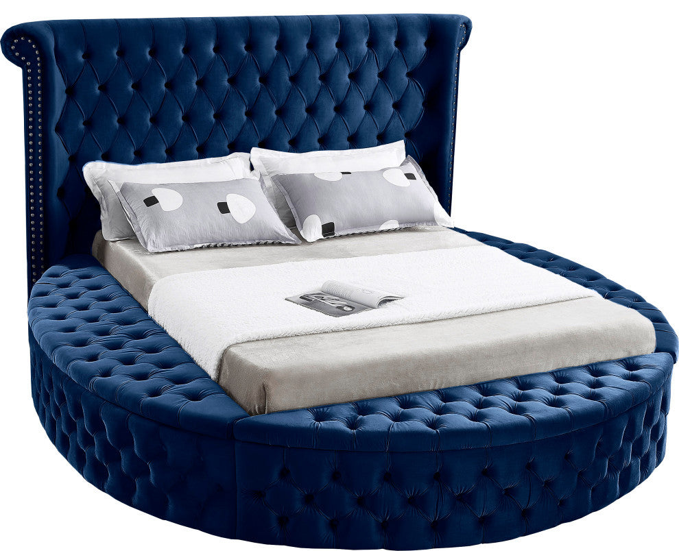 Luxus Button Tufted Velvet Round Bed, Navy, King