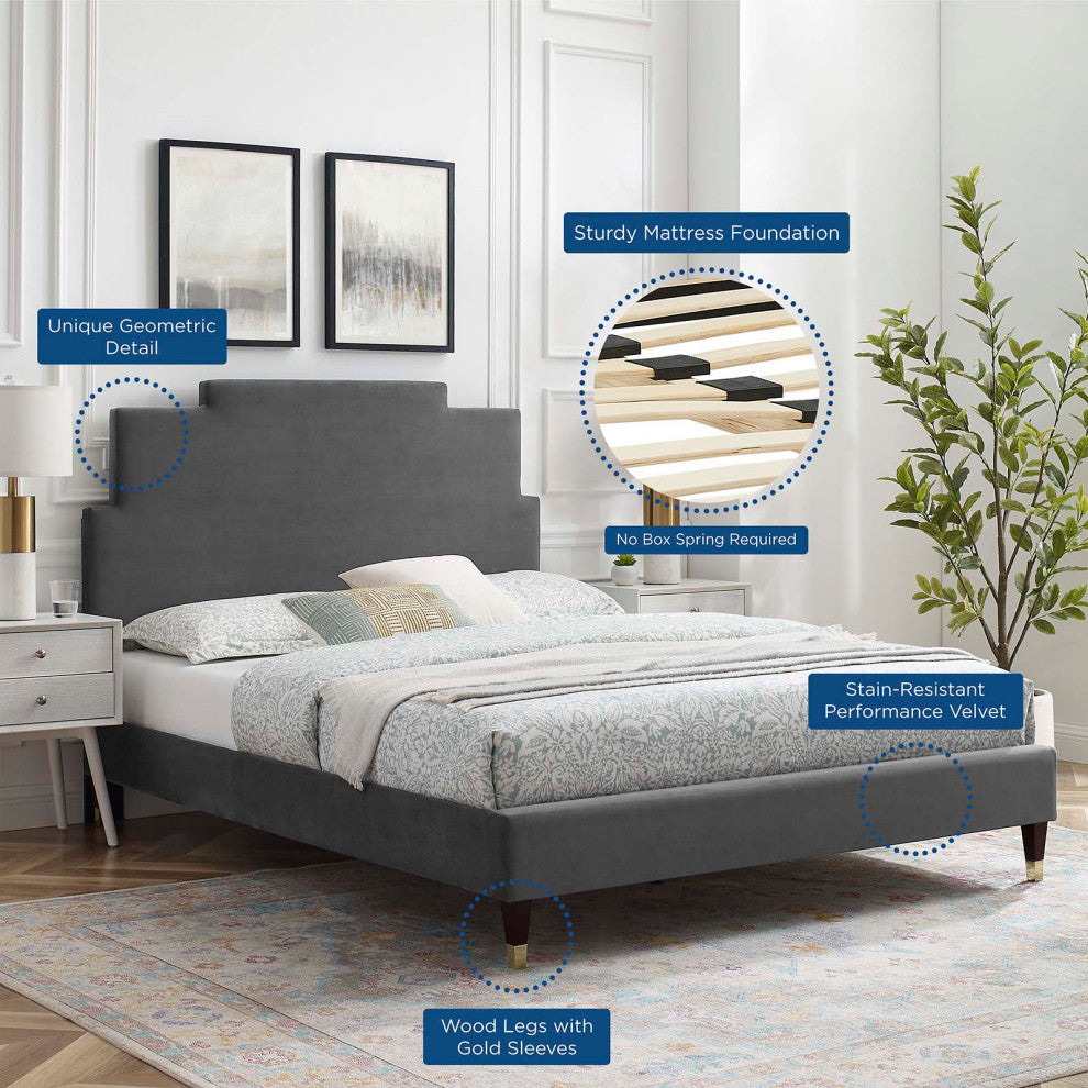 Platform Bed Frame, King Size, Velvet, Dark Gray, Modern Contemporary