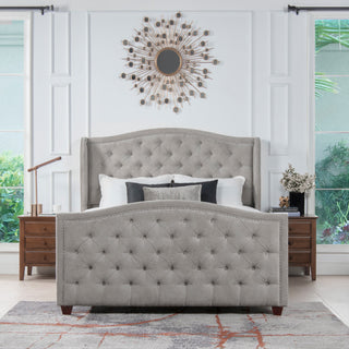 Marcella Upholstered Tufted Shelter Wingback Panel Bed, Silver Grey Polyester, Queen