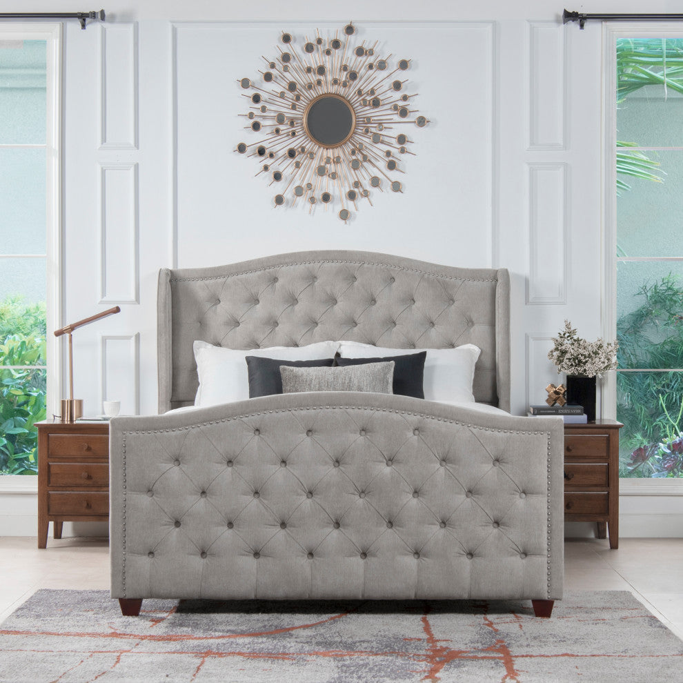 Marcella Upholstered Tufted Shelter Wingback Panel Bed, Silver Grey Polyester, Queen