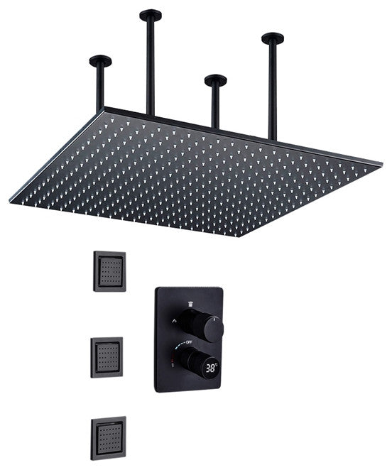 Aosta 20" Digital Matte Black LED Rainfall Shower System With 3 Square Body Jets