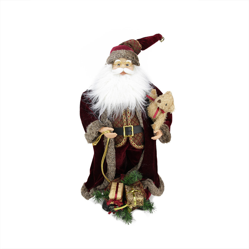 24" Standing Santa In Long Burgundy Robe Holding a Teddy Bear and Gift Bag