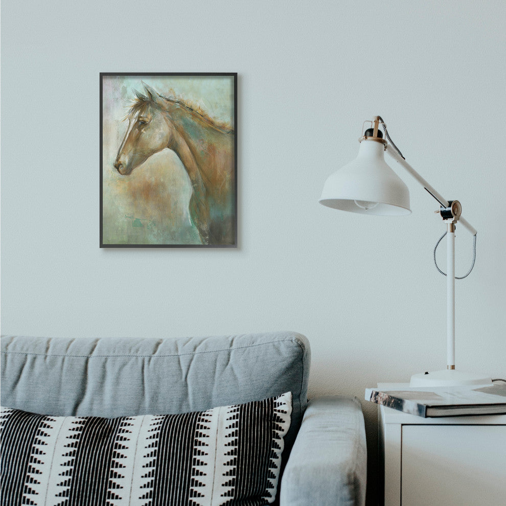 Horse Portrait Green Brown Animal Painting, 16"x20", Black Frame
