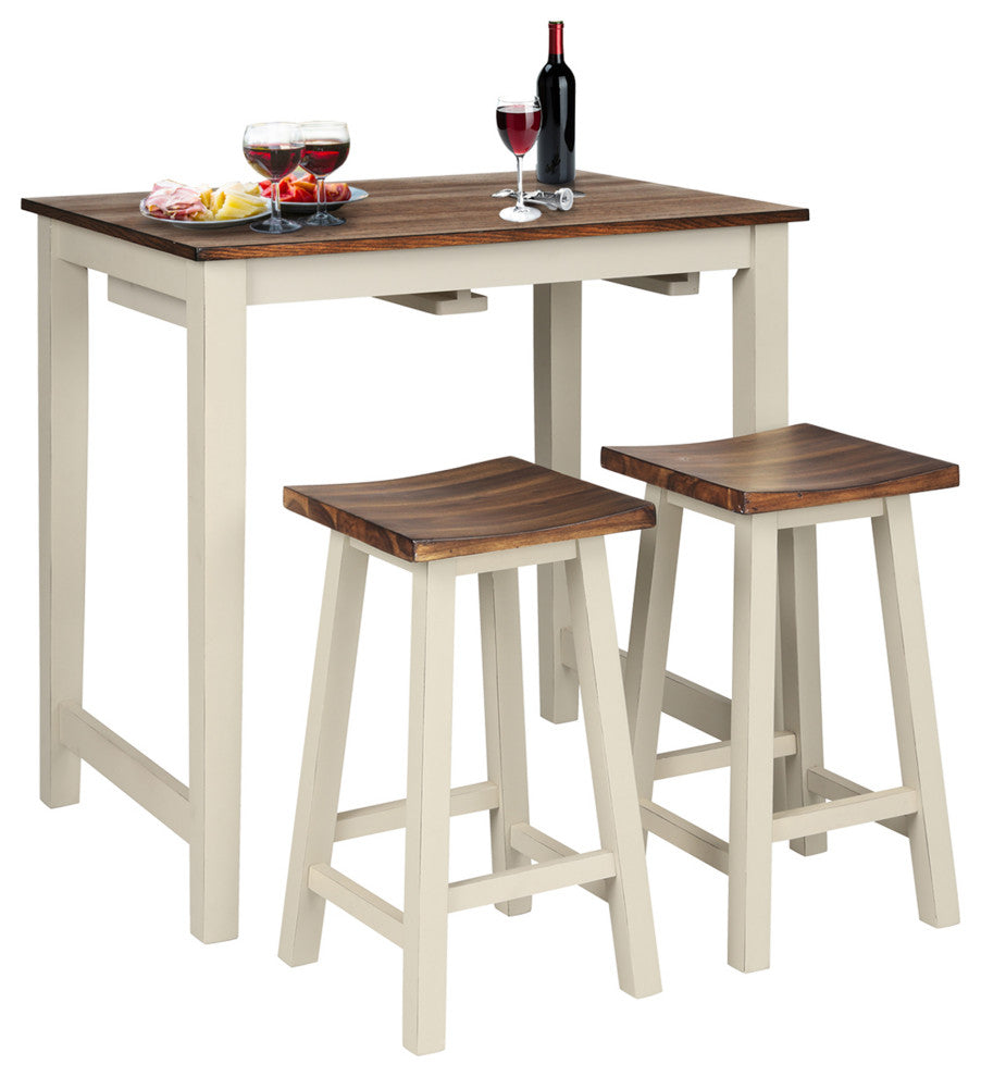 Costway 3-Piece Bar Table Set Counter Pub Table& 2 Saddle Bar Stools w/ Hanging