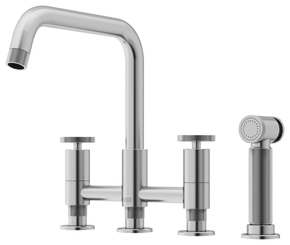 VIGO Cass 12" H 2-Handle Widespread Bridge Pull-Out Sprayer Kitchen Faucet, Stainless Steel