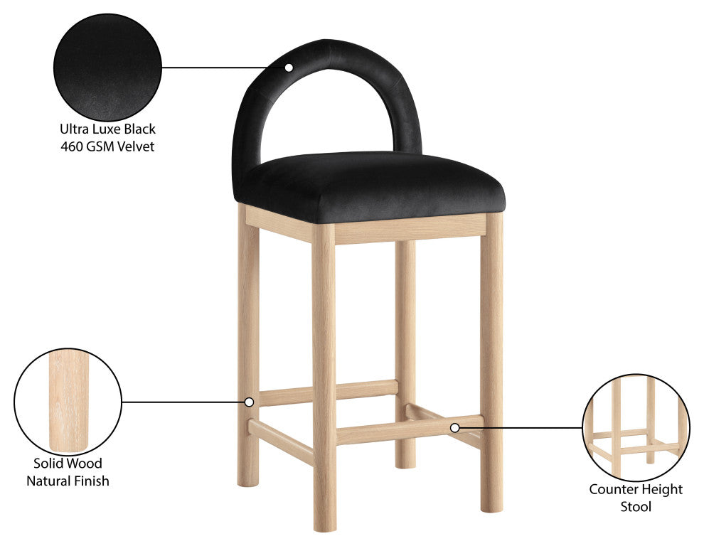 Conrad Upholstered Bar and Counter Stool, Black, Velvet, Natural