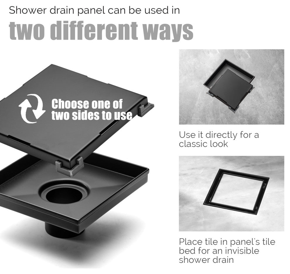HEATGENE Square Shower Drain With Flat Cover, Matt Black, 4"