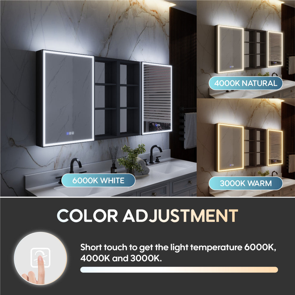 Framed LED Medicine Cabinet Recessed/Surface Mount, Dimmable, Anti-fog, Black, 64"x30" Left/Right Door, 2 Side Cabinets