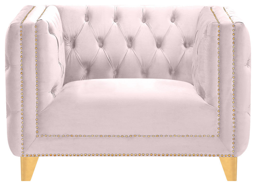 Michelle Fabric Upholstered Chair, Gold Iron Legs, Pink, Velvet, Chair