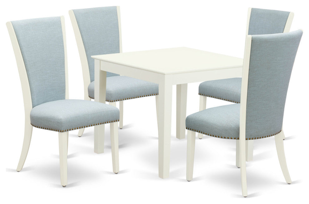 A Dining Set Of 4 Chairs, Baby Blue Color, Square Table, Linen White Color