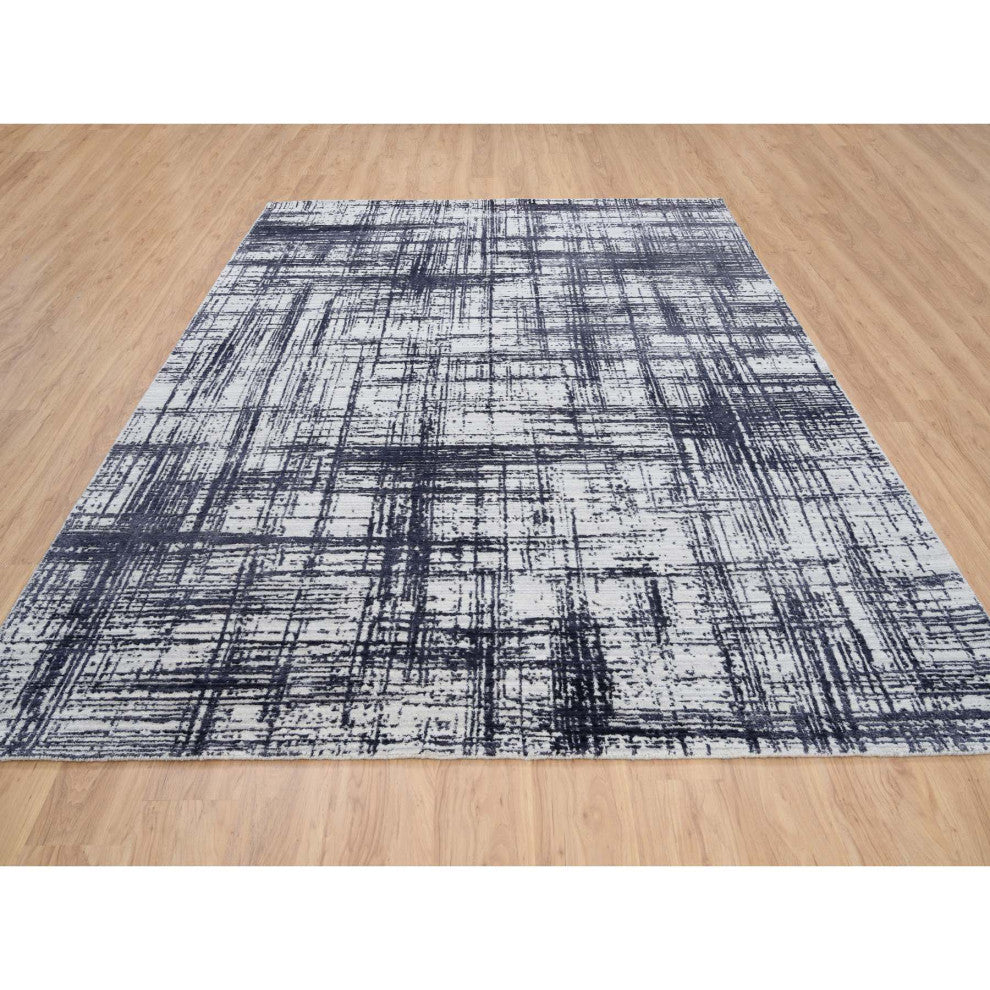 Black Hand Loomed Modern Erased Lines Design Wool and Silk Rug 7'10" x 10'0"