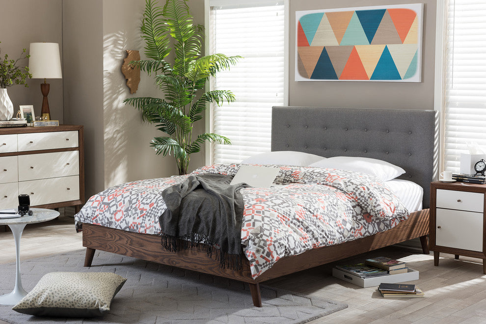 Alinia Mid-Century Gray Fabric Upholstered Walnut Wood Full Size Platform Bed