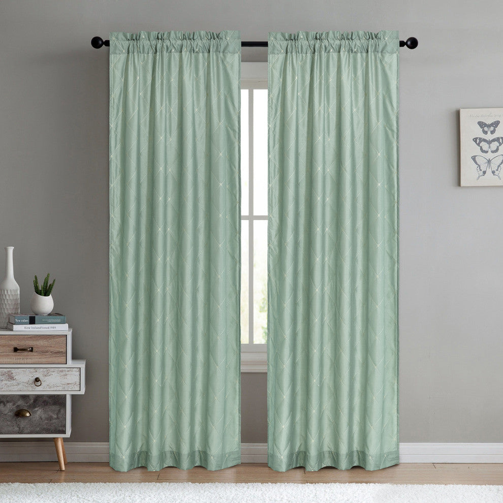Doris Diamond Embroidery Faux Silk Curtain Set, Silver Blue, 60"x96"