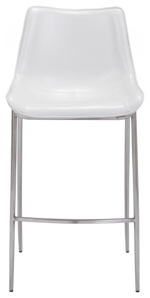 Set of Two White Faux Leather and Steel Modern Stitch Bucket Bar Chairs
