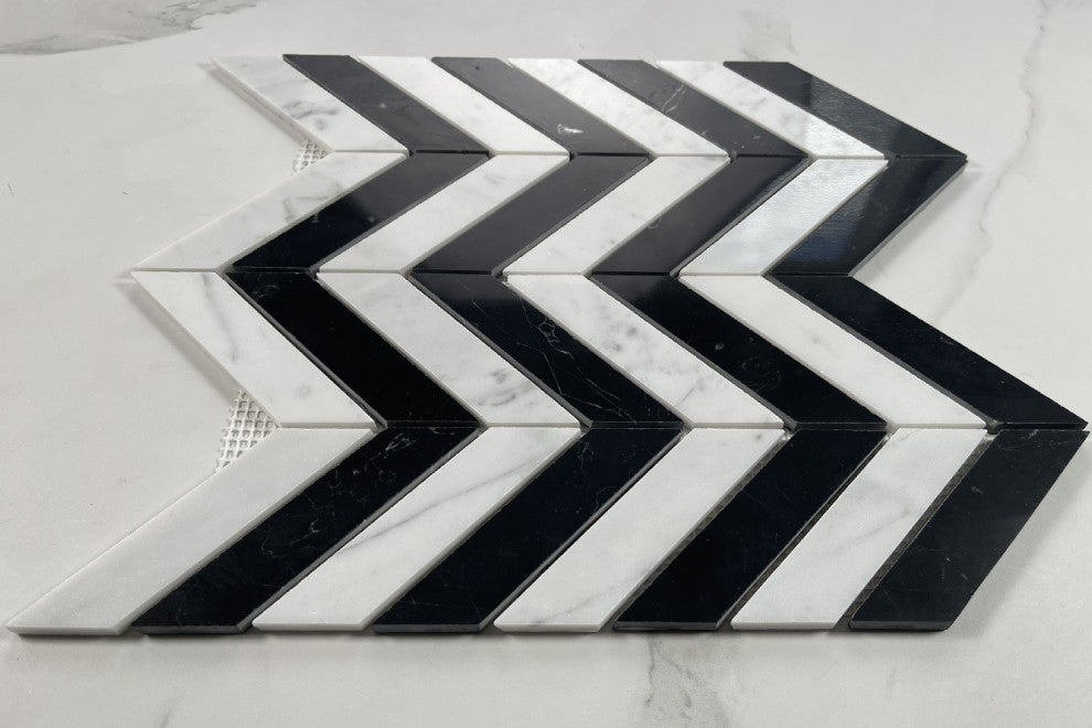 Carrara White & Nero Marquina Marble 1x4 Chevron Mosaic Tile Polished, 1 sheet