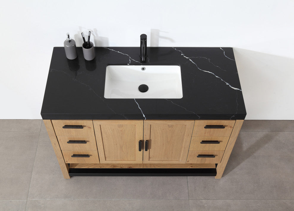 WINCHESTER Freestanding Modern Bathroom Vanity, Pecan Oak, 48", Black Countertop