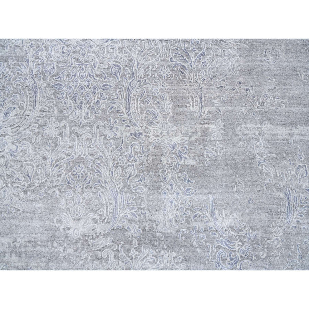 Ivory, Hand Knotted Damask Design, Wool and Plant Based Silk Rug, 10'0" x 13'10"