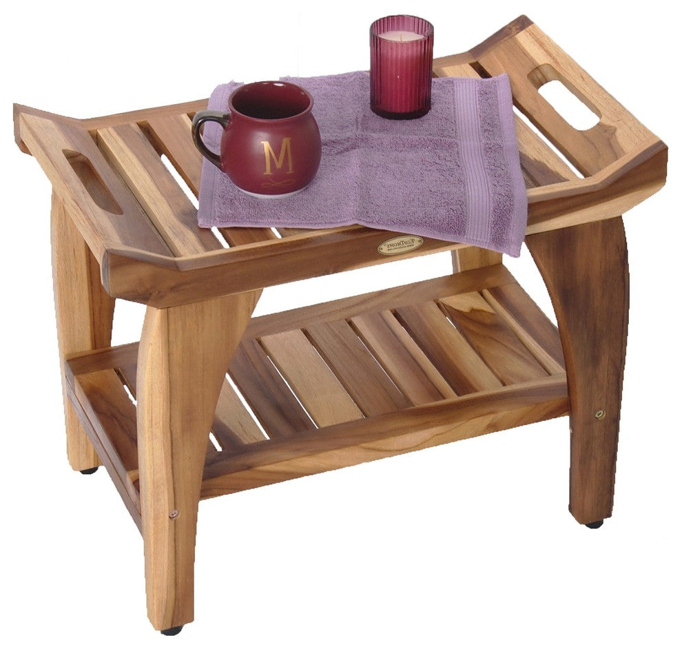 EcoDecors EarthyTeak Tranquility 24" Teak Shower Bench With Shelf