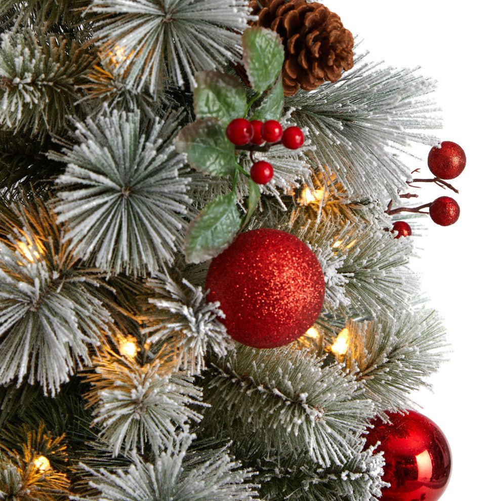 4' Winter Flocked Christmas Tree Pre-Lit With 50 LED Lights, Ornaments, Planter
