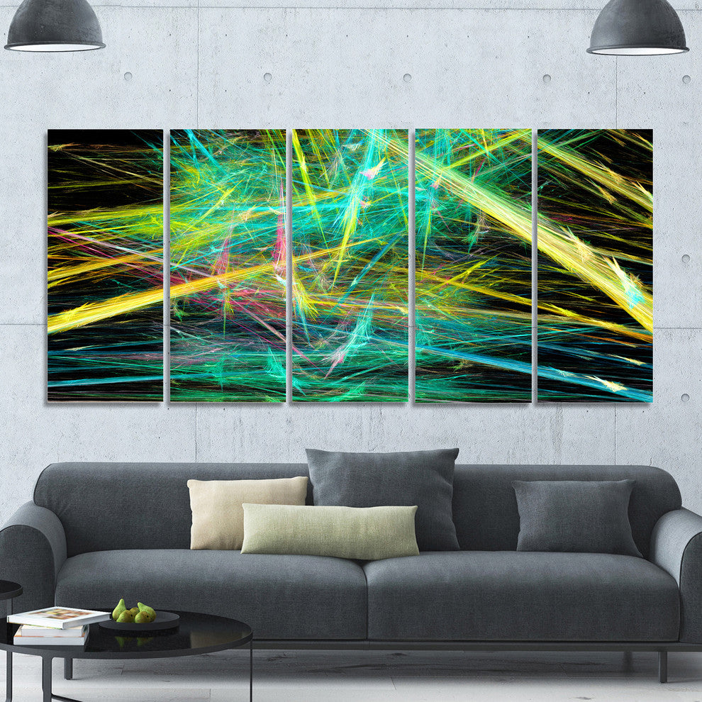 Green Yellow Magical Fractal Pattern, Abstract Canvas Art, 60"x28", 5 Panels