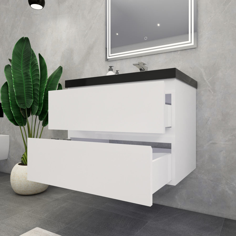 Belli 30" Wall Mounted Single Bathroom Vanity Set, Glossy White, Matt Black Top