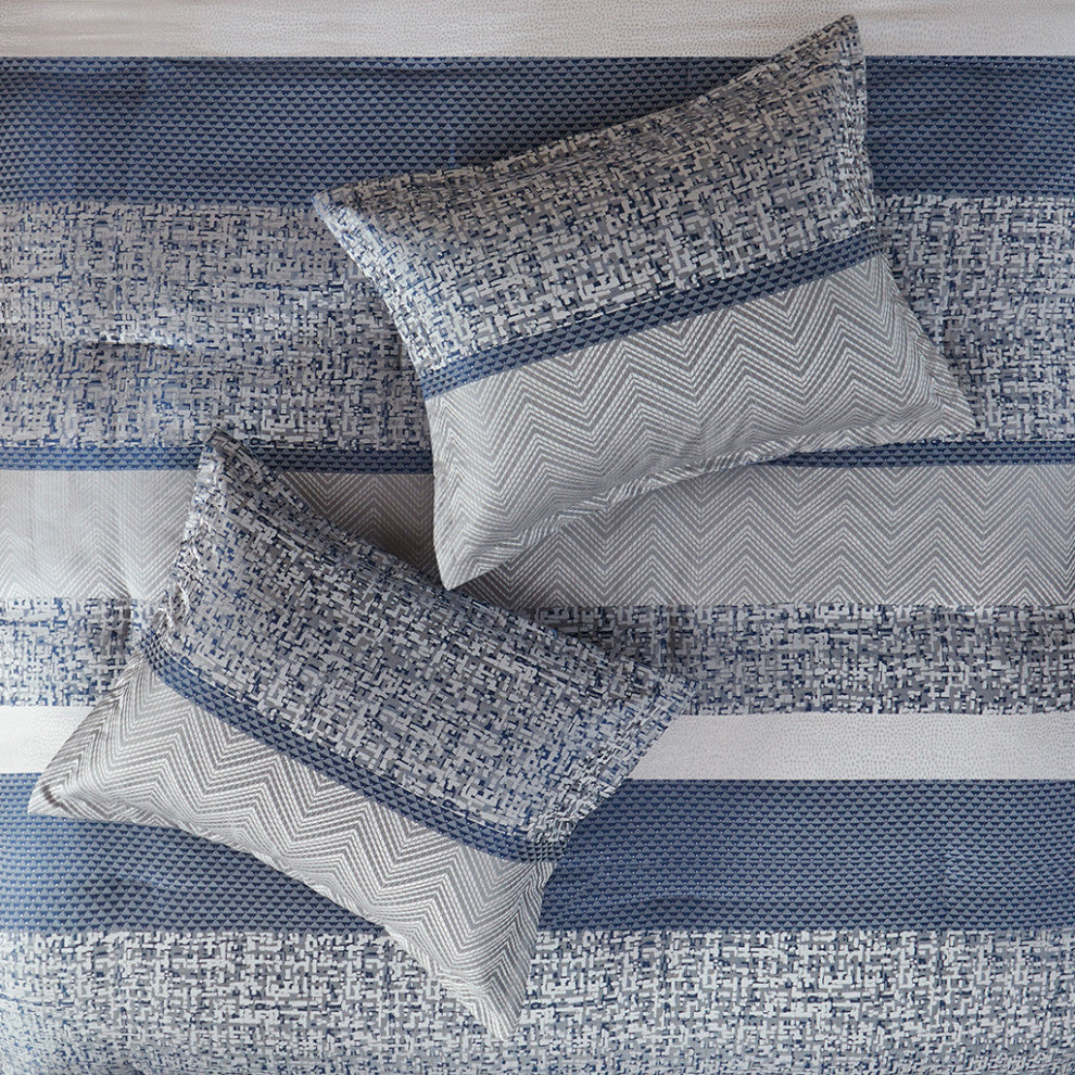 Madison Park Rhapsody Jacquard Stripe Mosaic 7-Piece Comforter Set, Navy Blue