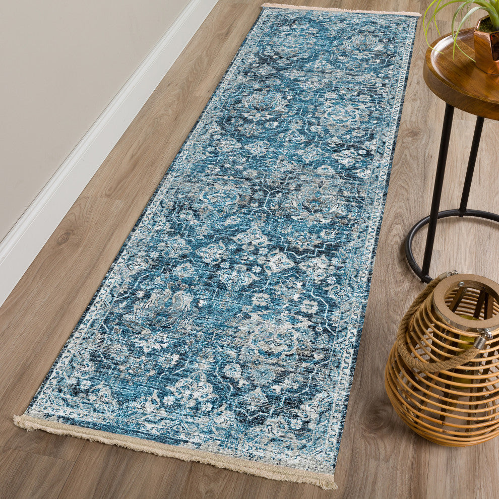 Indoor/Outdoor Marbella MB4 Navy Machine Washable 2'3" x 10' Runner Rug