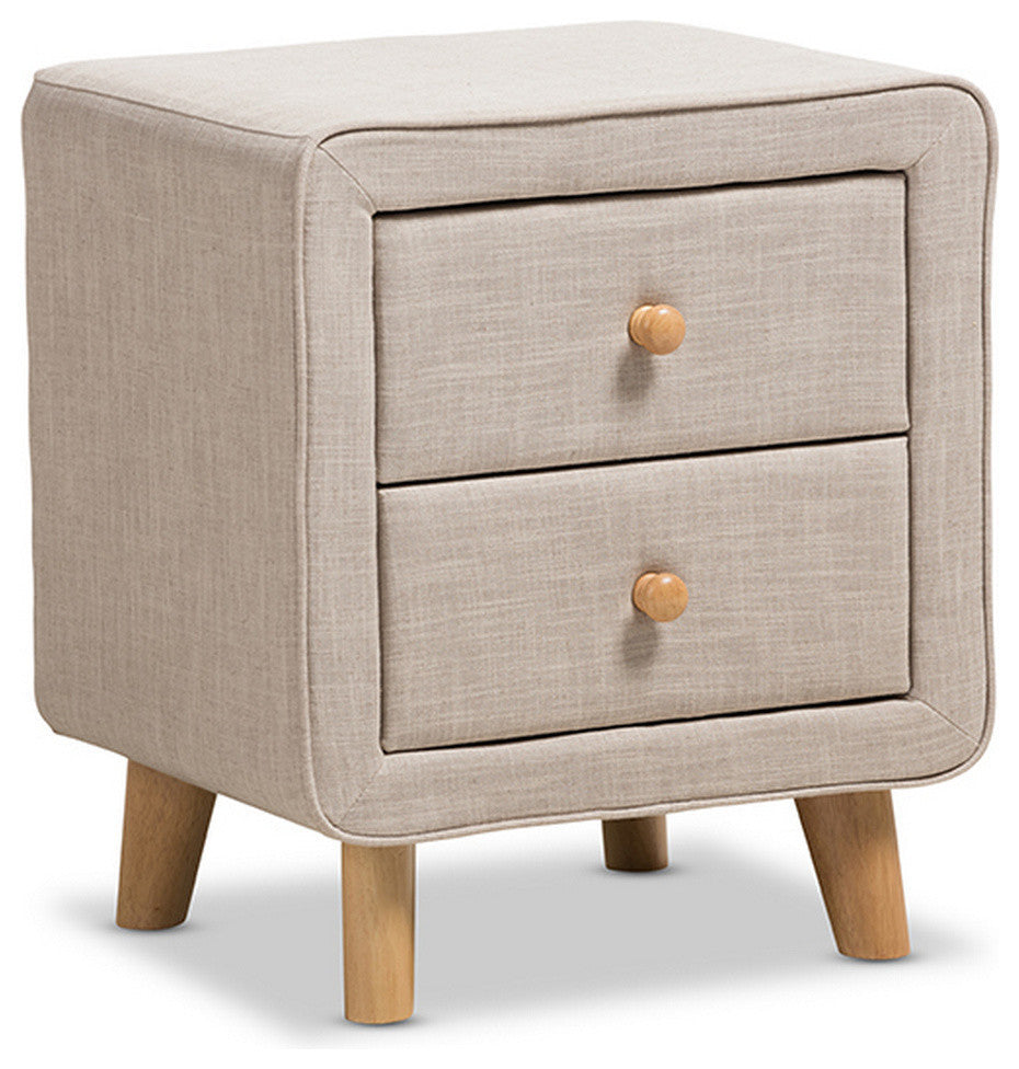 Urban Designs Jonesy Mid-Century Beige Linen Upholstered 2-Drawer Nightstand