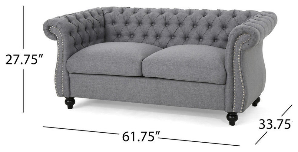 GDF Studio Kyle Traditional Chesterfield Loveseat Sofa, Dark Gray/Dark Brown
