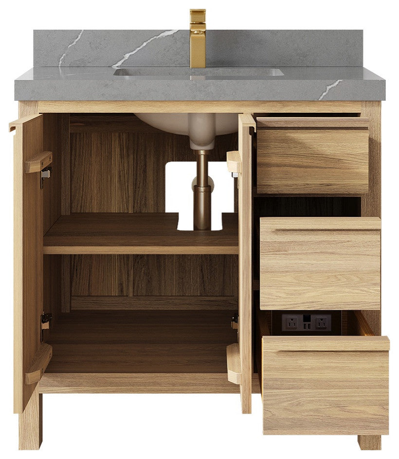 Elizabeth Oak 36" Center Sink Vanity, White 2" Empira Quartz