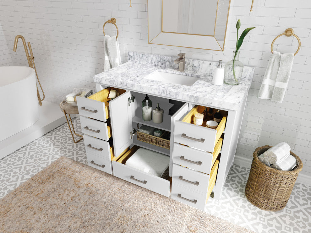 Malibu 48 Single Sink Bath Vanity in White  2" Calacatta Nuvo