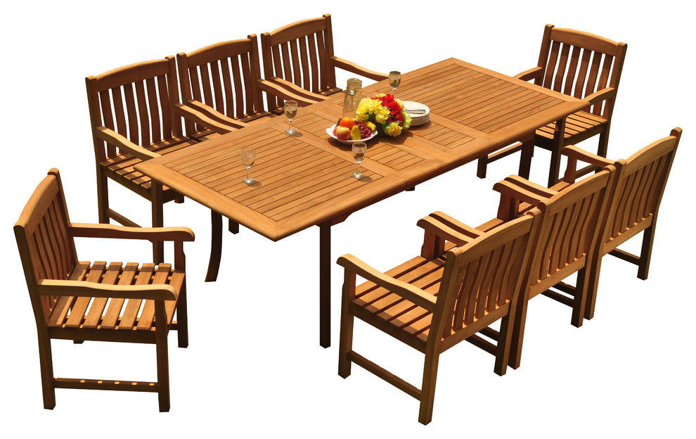 9-Piece Outdoor Teak Dining Set, 94" Extension Table, 8 Devon Arm Chairs