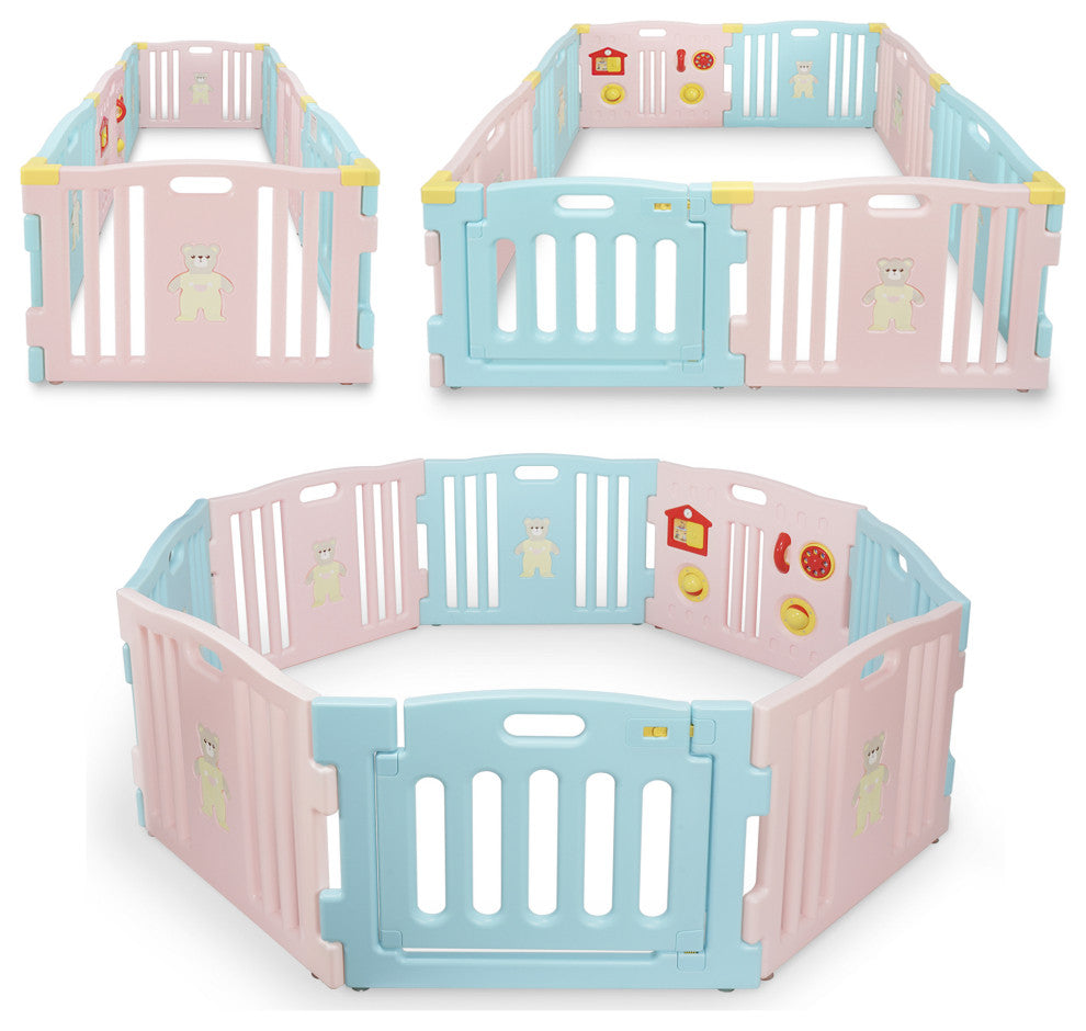 Kidzone Interactive Baby Playpen 8 Panel Safety Gate ASTM Certified, Light Pink