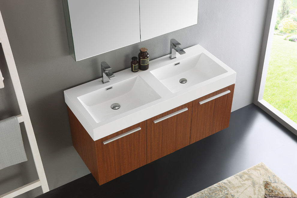 Vista 48" Teak Wall Hung Double Sink Modern Bathroom Vanity, FFT3111BN